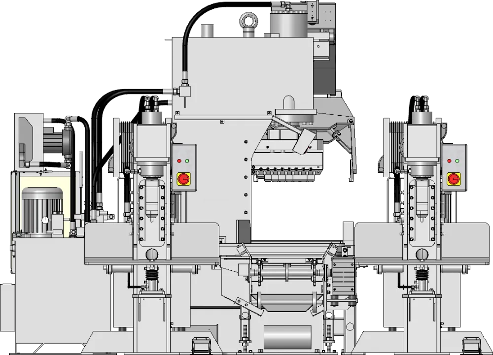Paving stone splitting line with 1 x 150t splitter + 3 x 43t splitters - front view