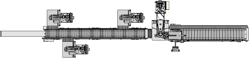 Paving stone splitting line with 1 x 150t splitter + 3 x 43t splitters - top view