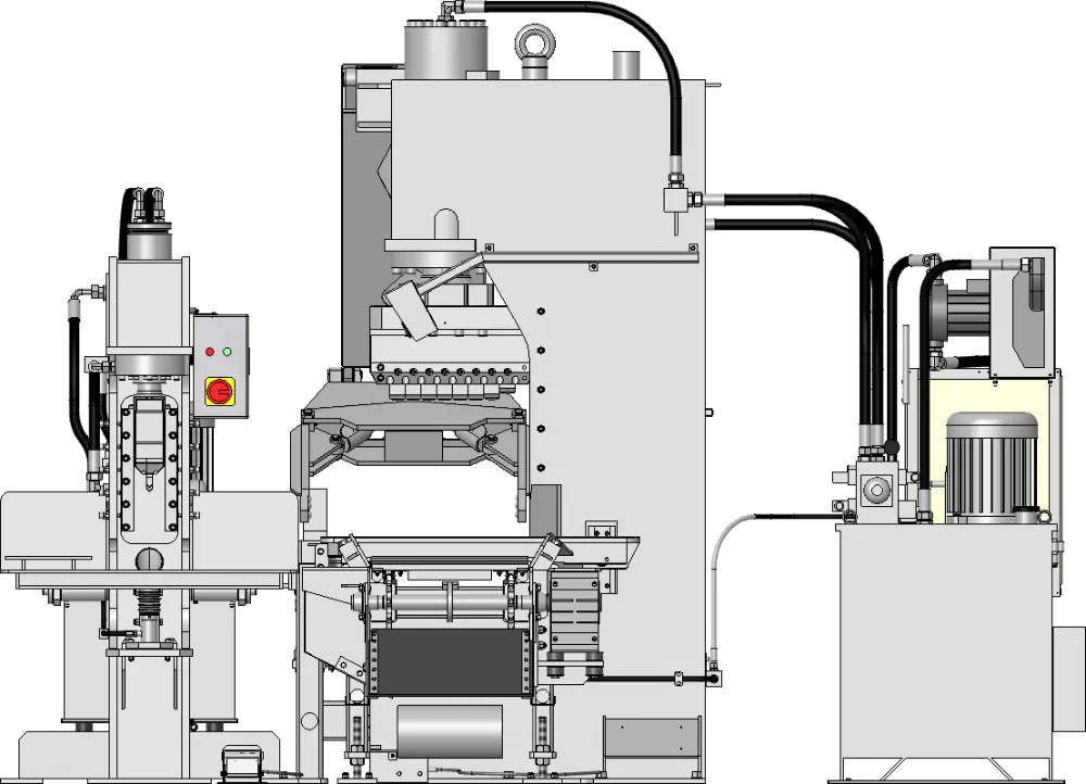 Paving stone splitting line with 1 x 150t splitter + 5 x 43t splitters - front view